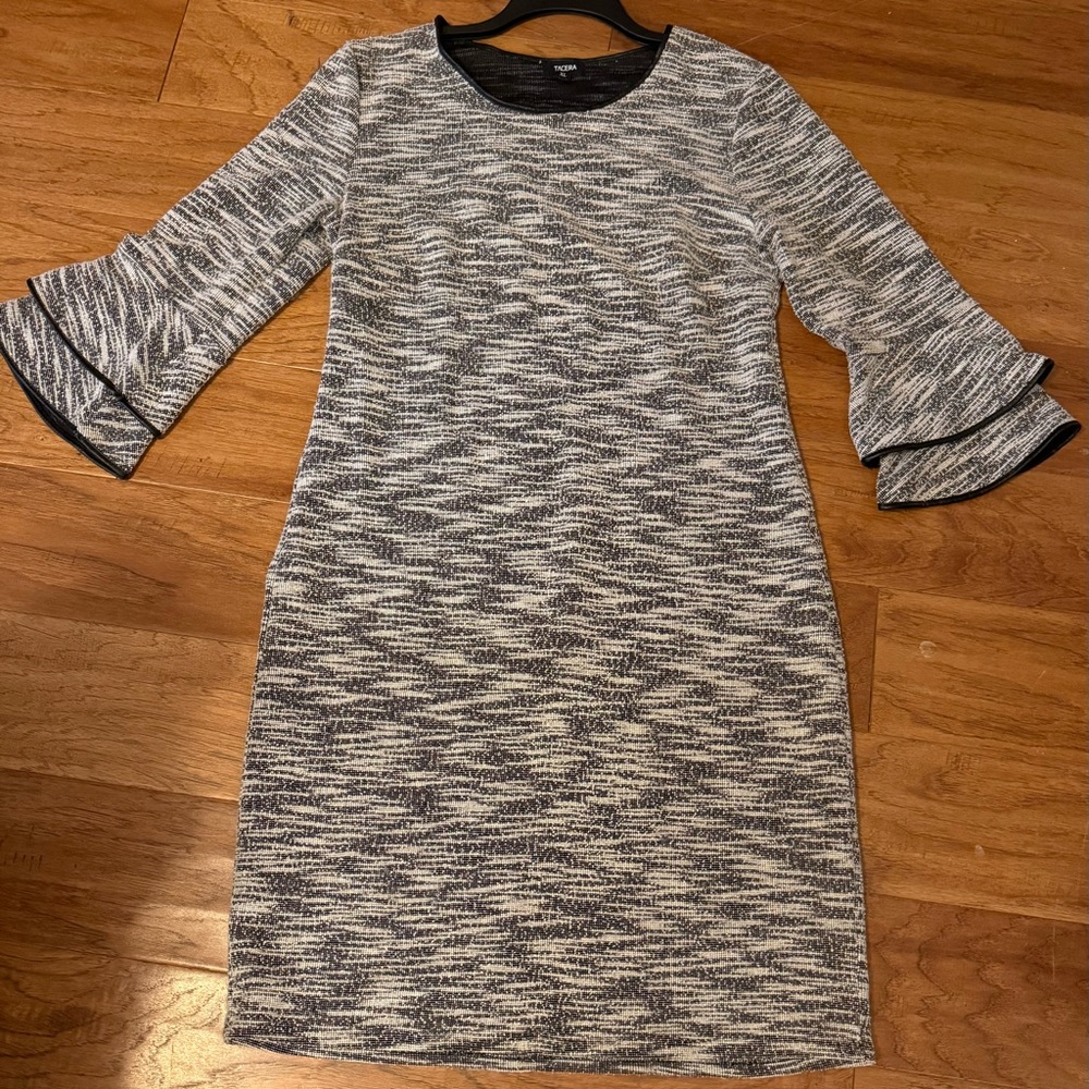 Tacera Navy and White Textured Bell-Sleeve Midi Dress
